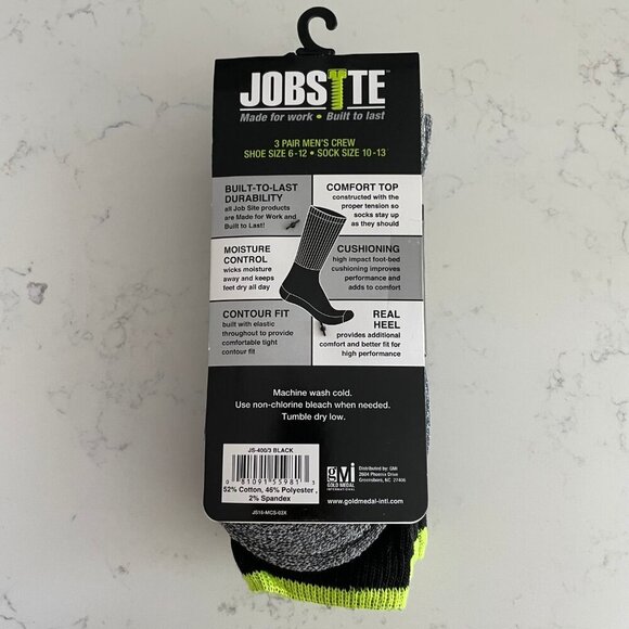 Gold Medal Intl Jobsite 3 Pairs Crew Socks Made for Work Blk Grn Shoe Sz 6-12 - Picture 3 of 5